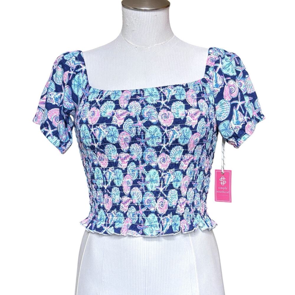 NWT Simply Southern Size M Shirred Smocked Blouse Top Square Neck Coastal Shells